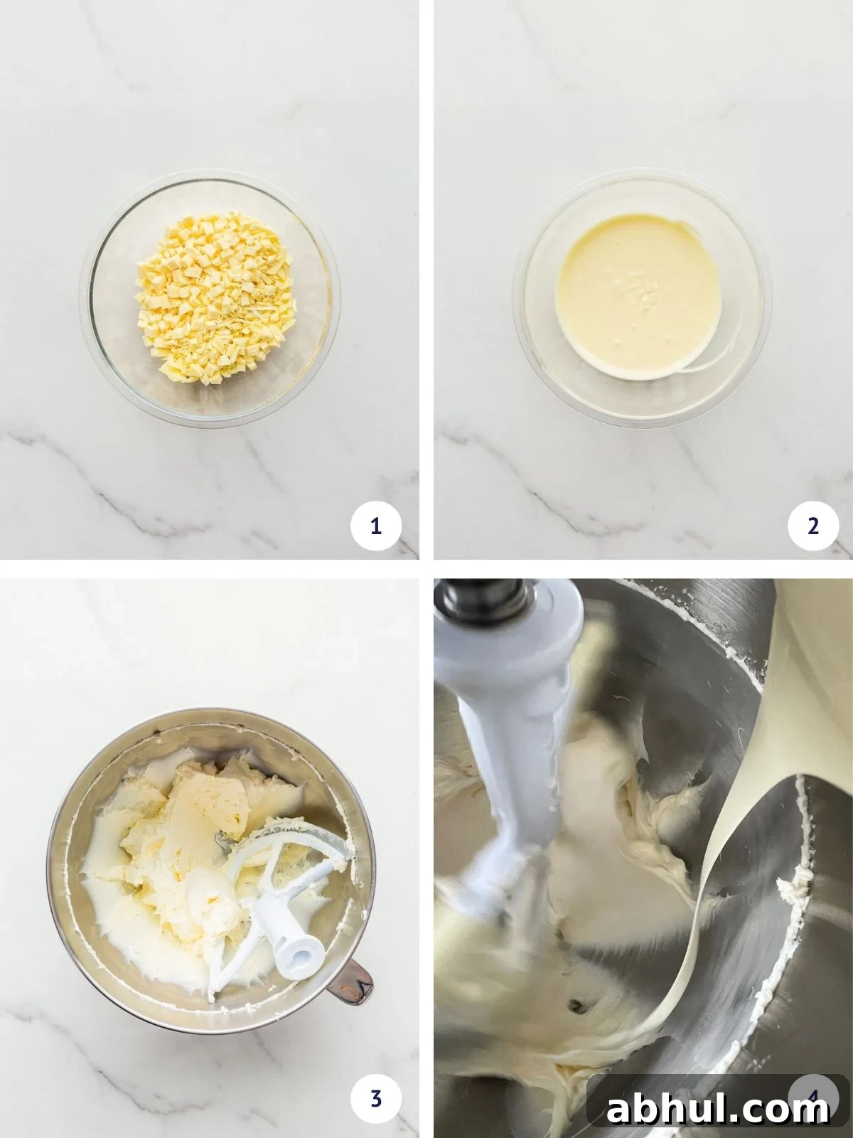 Melting chocolate and incorporating it with cream cheese to make frosting.