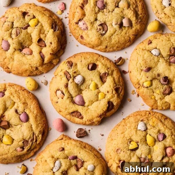 Cookies with mini eggs on a white surface, baked and ready to eat.