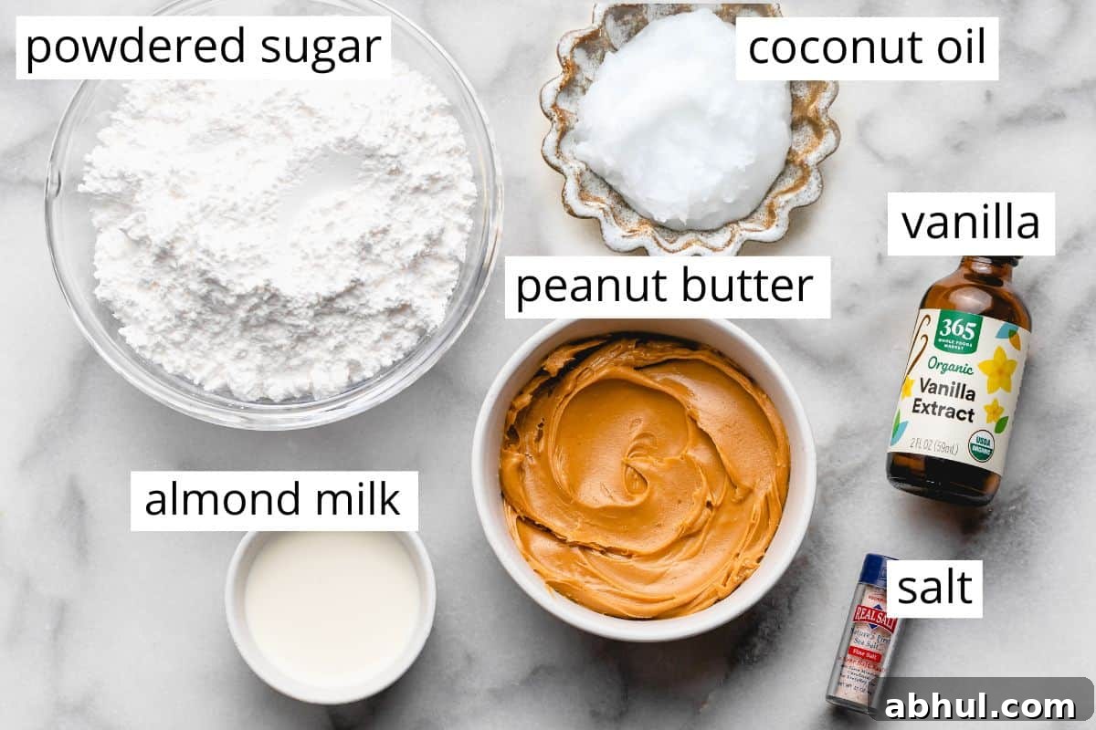 overhead photo of the labeled ingredients in this Vegan Peanut Butter Frosting recipe