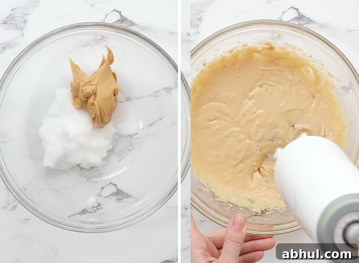 two photos showing how to make vegan peanut butter frosting