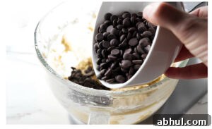 Adding chocolate chips to cookie dough.