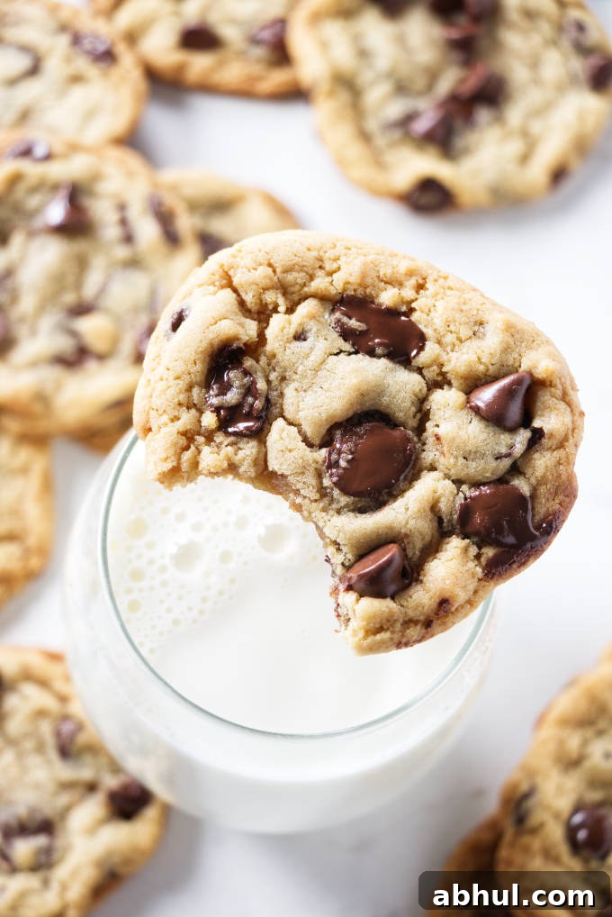 A chocolate chip cookie on the top of a glass of milk.