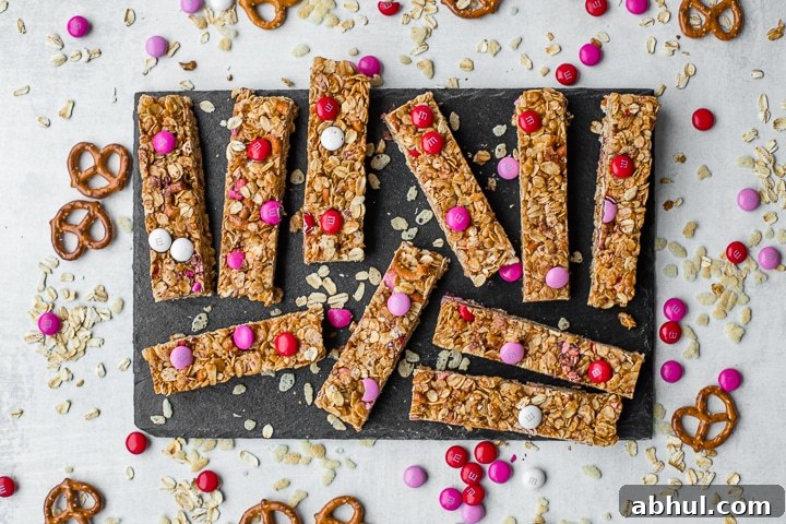 A slate tray filled with M&M pretzel granola bars.