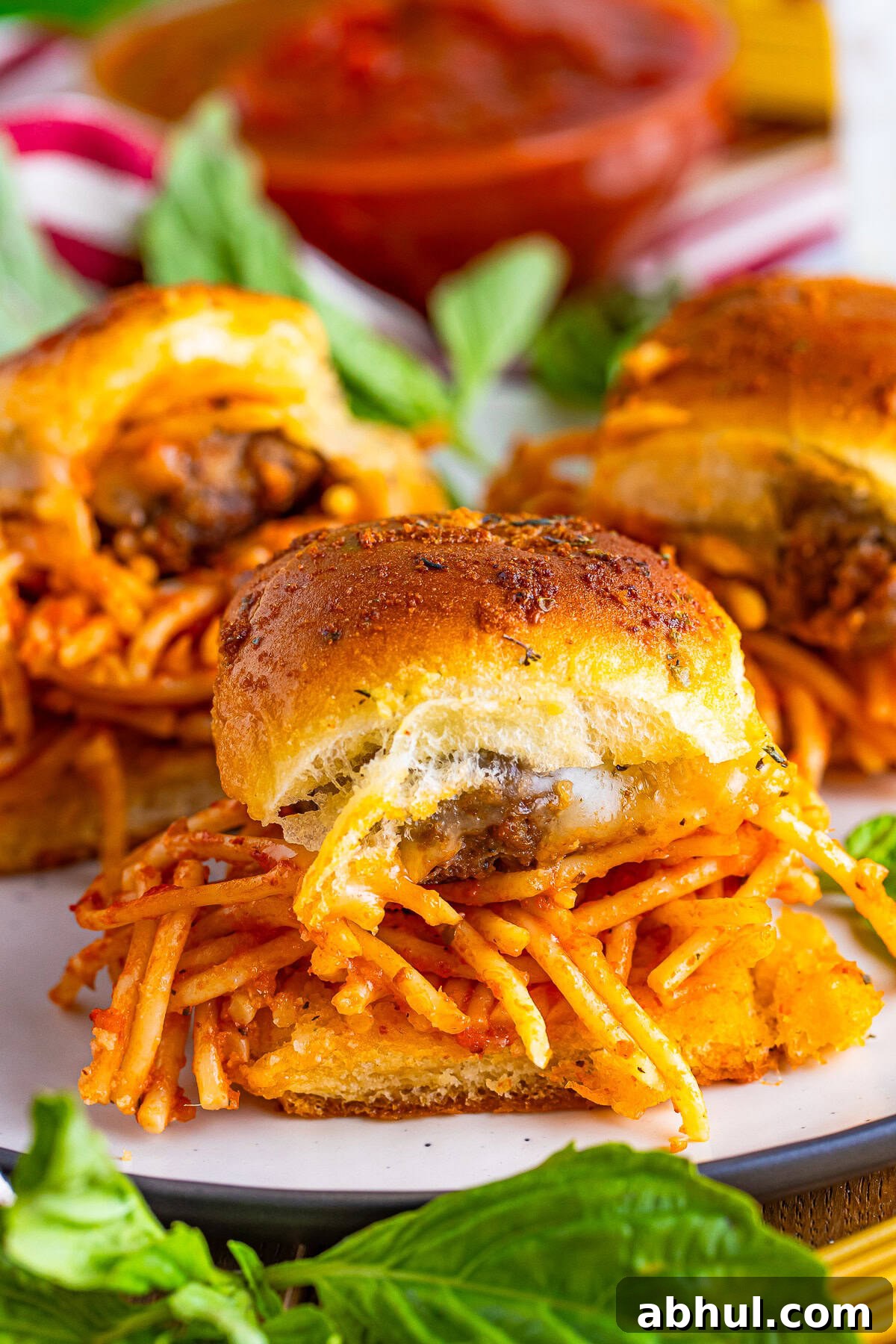 close up Meatball Sliders on serving plate