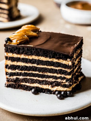 A side view of a rectangular piece of chocotorta icebox cake showing the alternating chocolate cookie layers and the dulce de leche cream cheese layers.