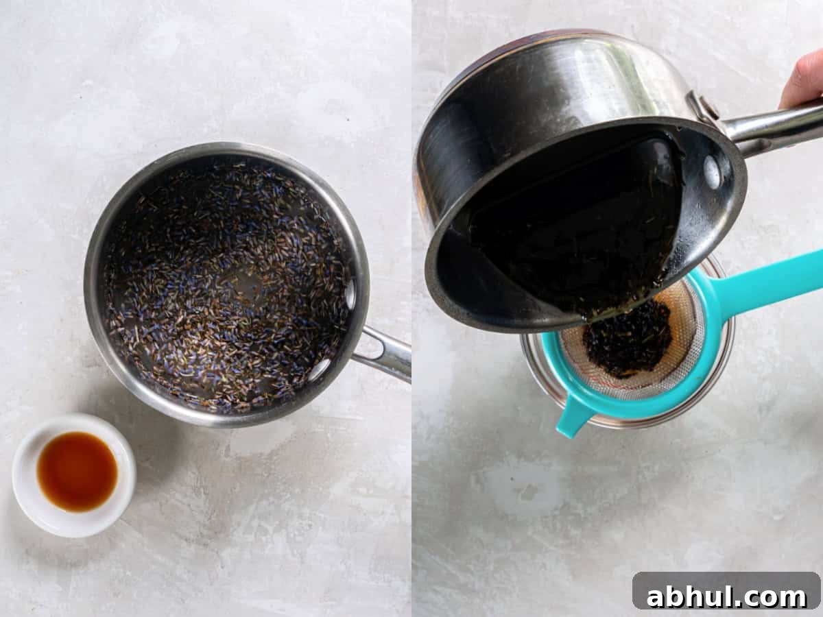 Heating the lavender buds, sugar and water in a saucepan before stirring in vanilla and straining through a mesh strainer. 