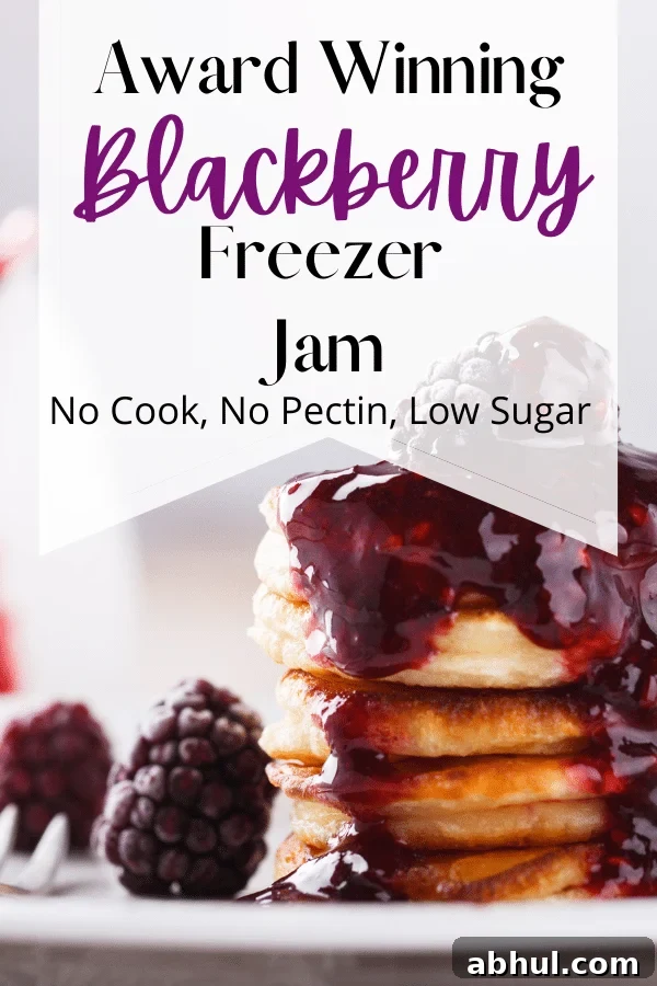 Low-Sugar No-Cook Blackberry Freezer Jam (No Pectin) 4 blackberry freezer jam on pancakes with fresh blackberries and text