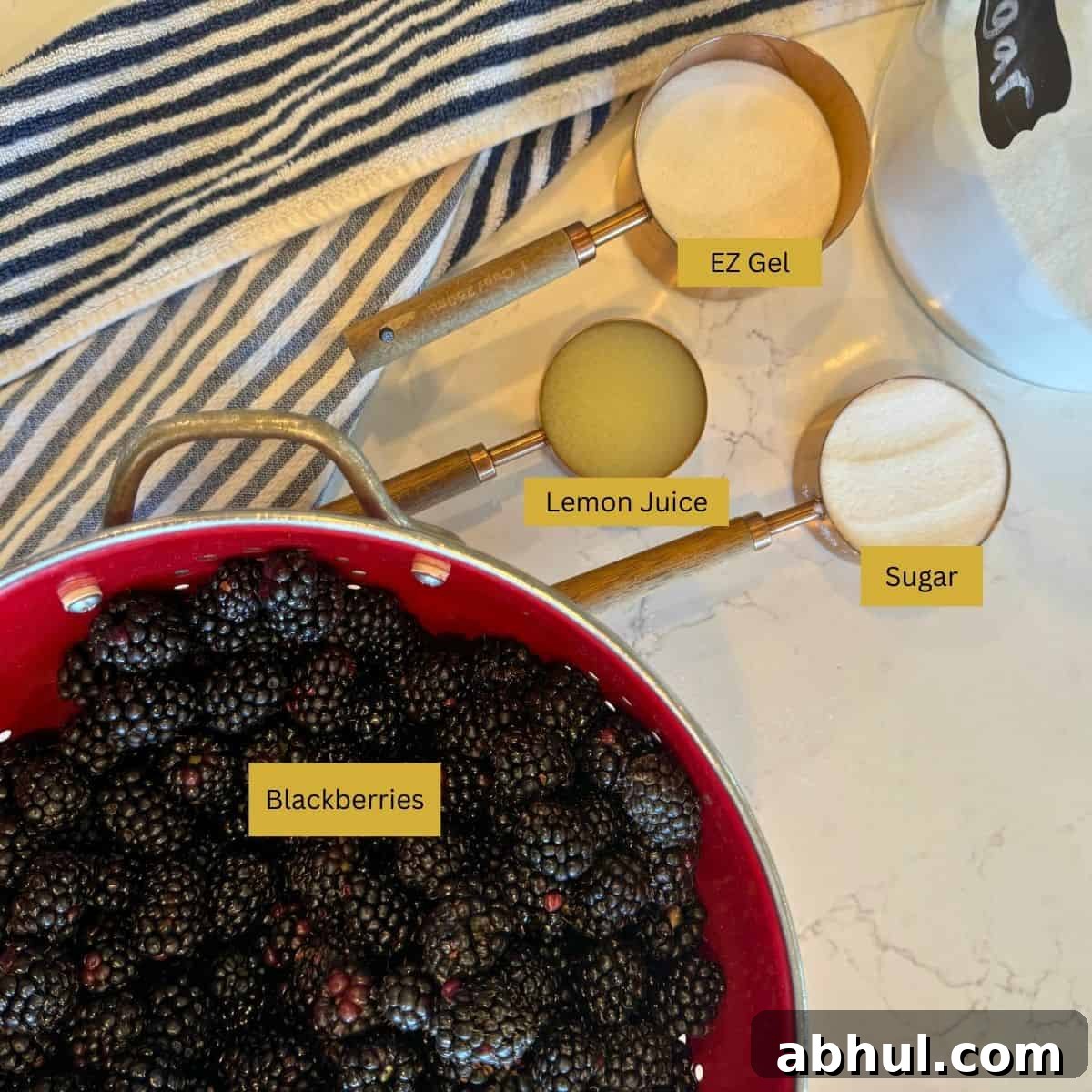Low-Sugar No-Cook Blackberry Freezer Jam (No Pectin) 5 blackberries, lemon juice, sugar and EZ Gel