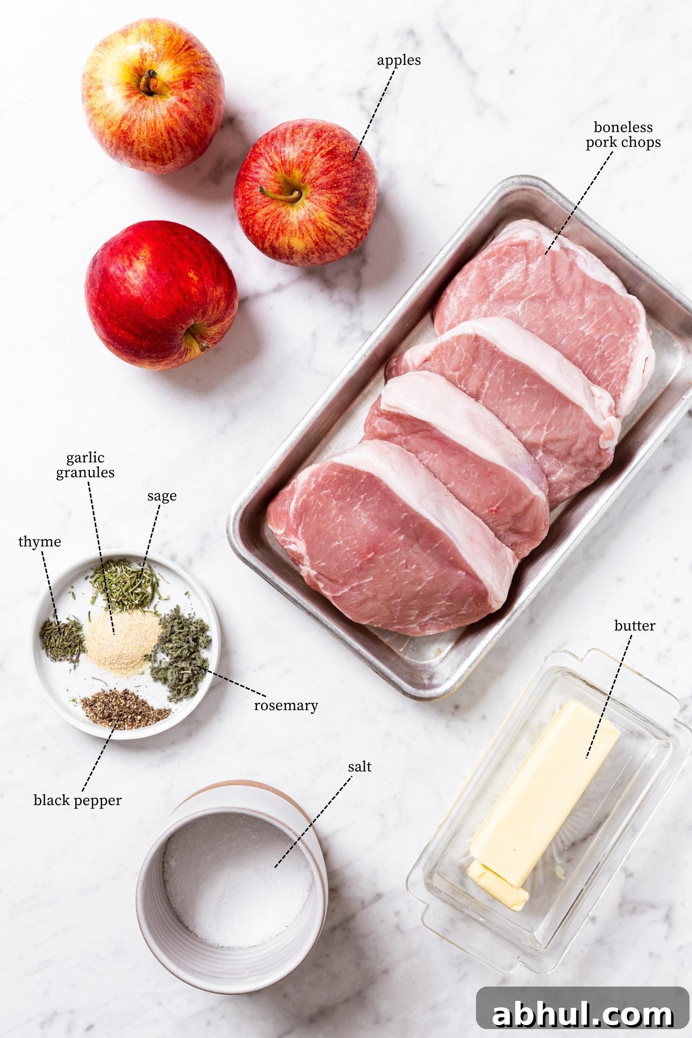 Marble surface filled with all of the ingredients needed to make pork chops with quick applesauce including raw pork chops, salt, butter, apples, and spices.