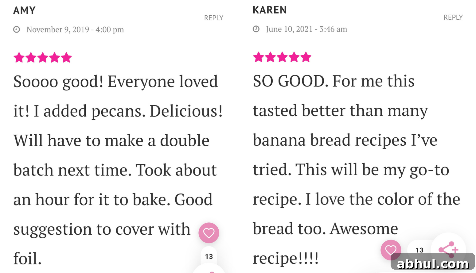 Two reviews from my popular Banana Bread Recipe for 2 Bananas.