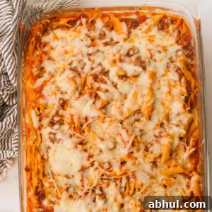 Overhead shot of hidden veggie lasagna in a baking dish fresh out of the oven