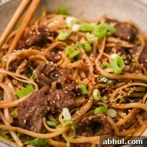 Bowl of Mongolian beef and noodles with green onions and sesame seeds on top