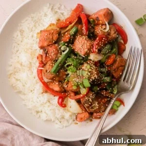 an overhead view of a white plate filled with white rice and salmon stir fry