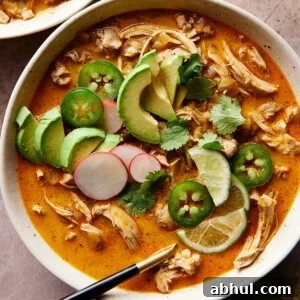 A bowl of keto white chicken chili with shredded chicken, avocado slices, jalapeños, cilantro, radish, and lime.