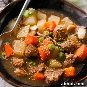 Close-up of a hearty Asian beef stew with slow-cooked beef, carrots, and daikon