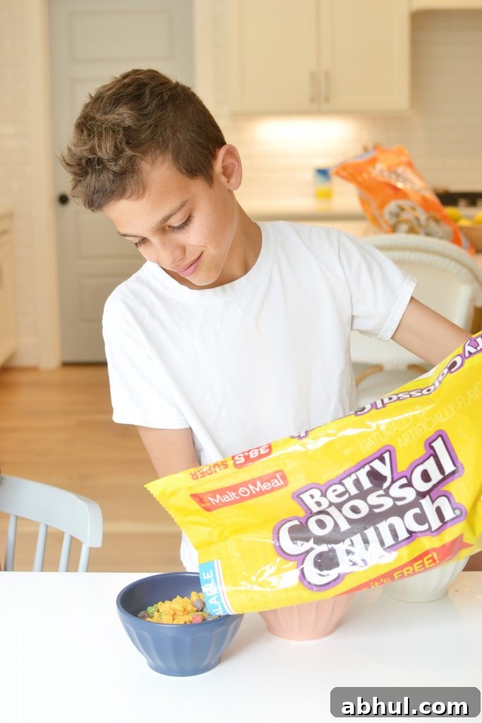 boy pouring himself malt o meal into a bowl
