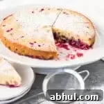 sliced Nantucket cranberry cake on a cake stand with a sifter of powdered sugar in front of it