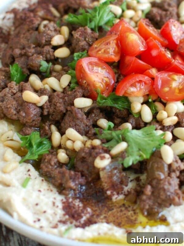 Hummus with Spiced Beef and Toasted Pine Nuts on white plate