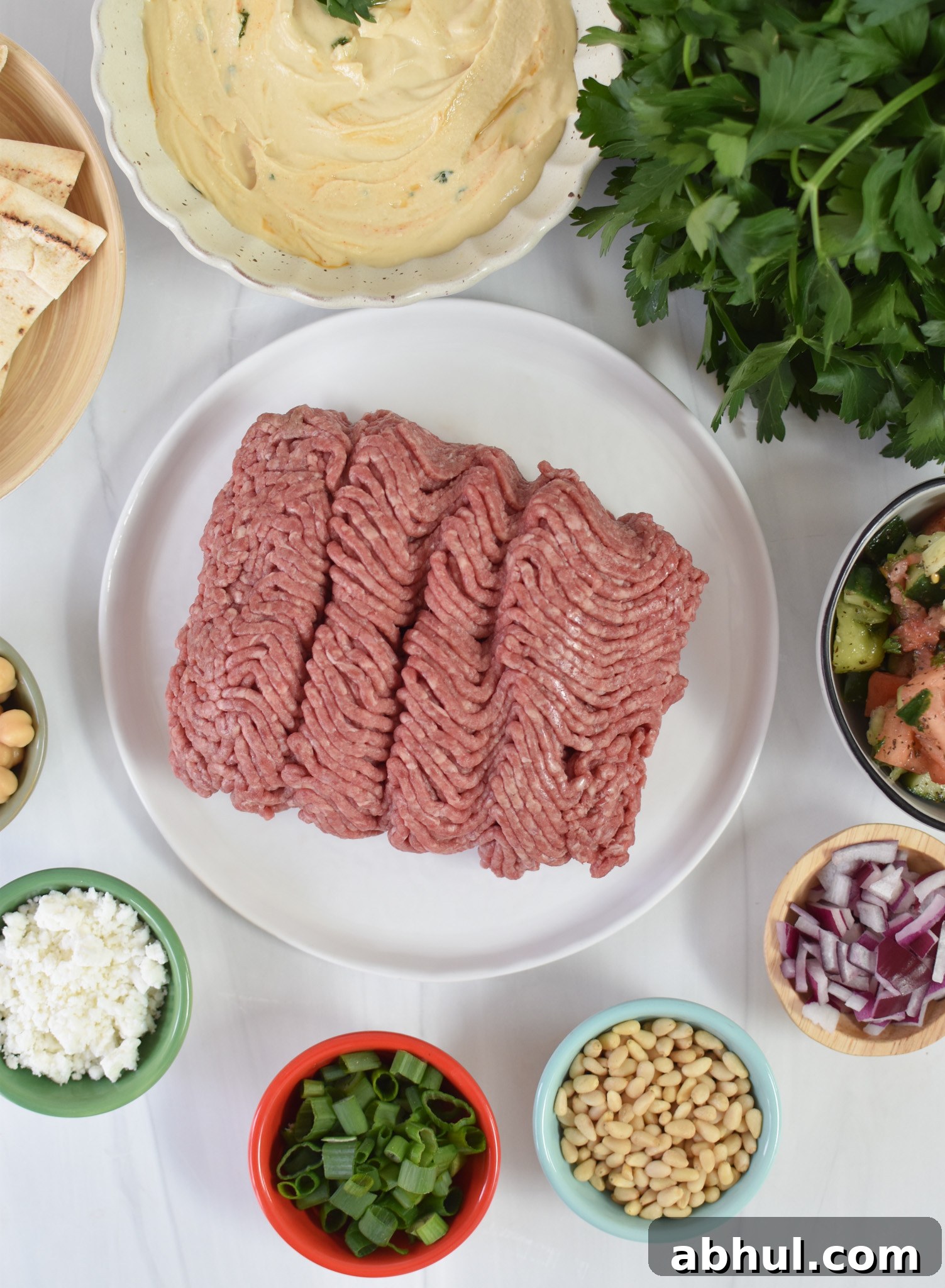 Ground Beef Layered Hummus ingredients. 