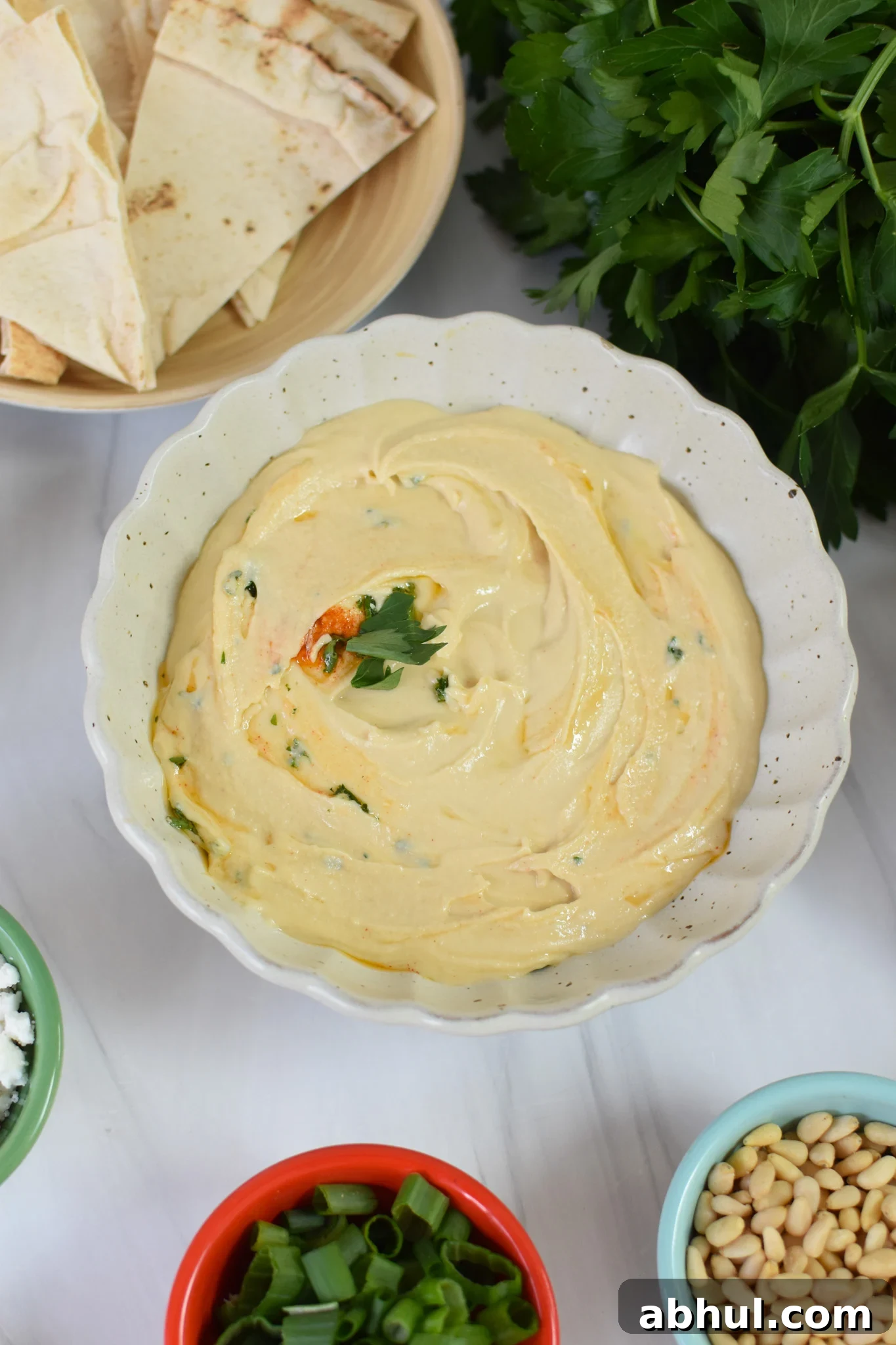 Ground Beef Layered Hummus in a bowl.
