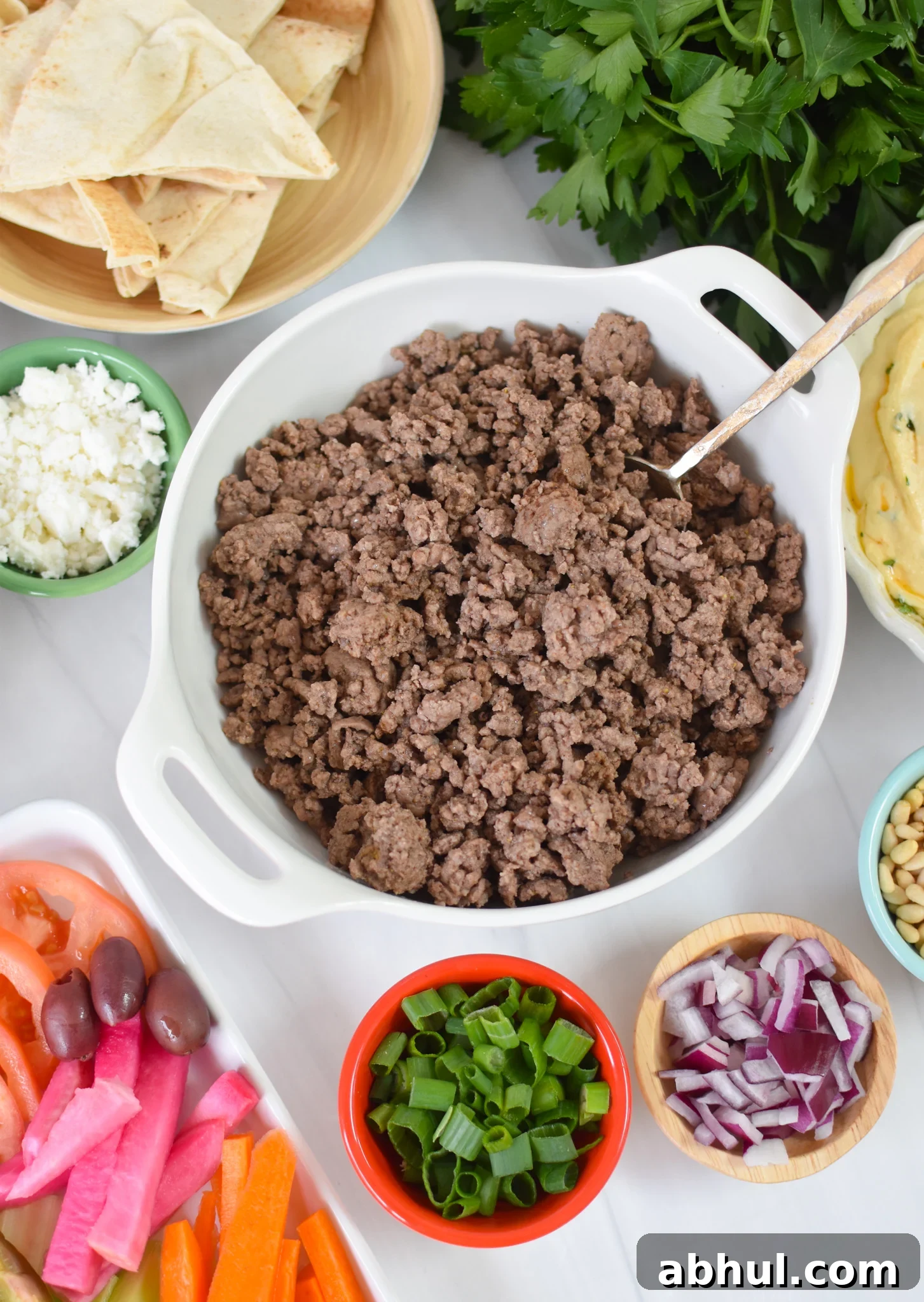 Ground Beef Layered Hummus ingredients.