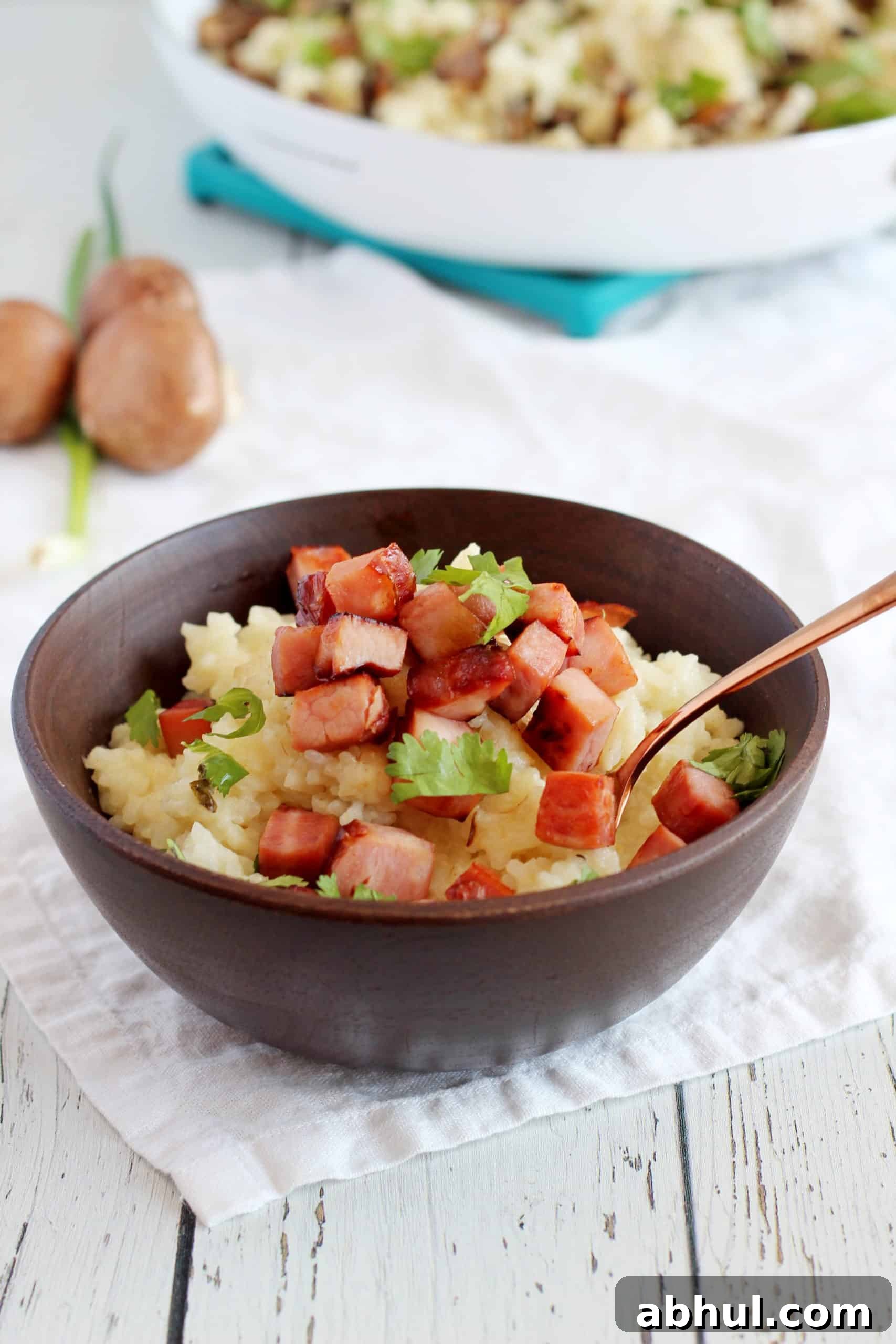 mushroom risotto topped with ham