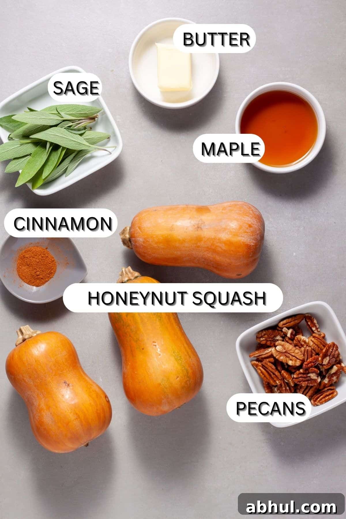 Maple-Pecan Roasted Honeynut Squash Recipe 3 Ingredients for roasted honeynut squash with pecans and sage on a gray table.