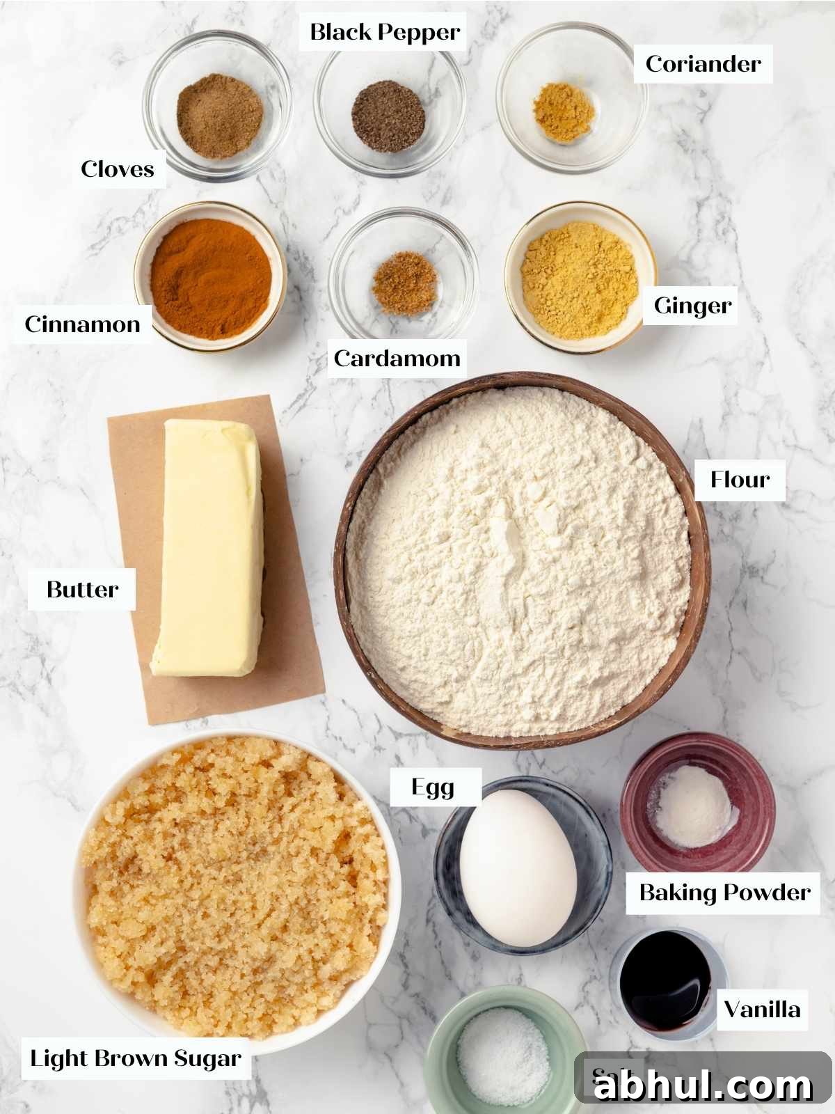Spices for chai sugar cookies in small bowls