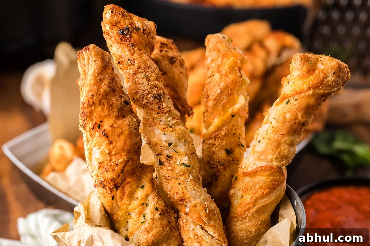 Golden, twisted breadsticks made from puff pastry cheese straws and seasoned with herbs, Parmesan, and mozzarella sit upright in a paper-lined container on a wooden table.