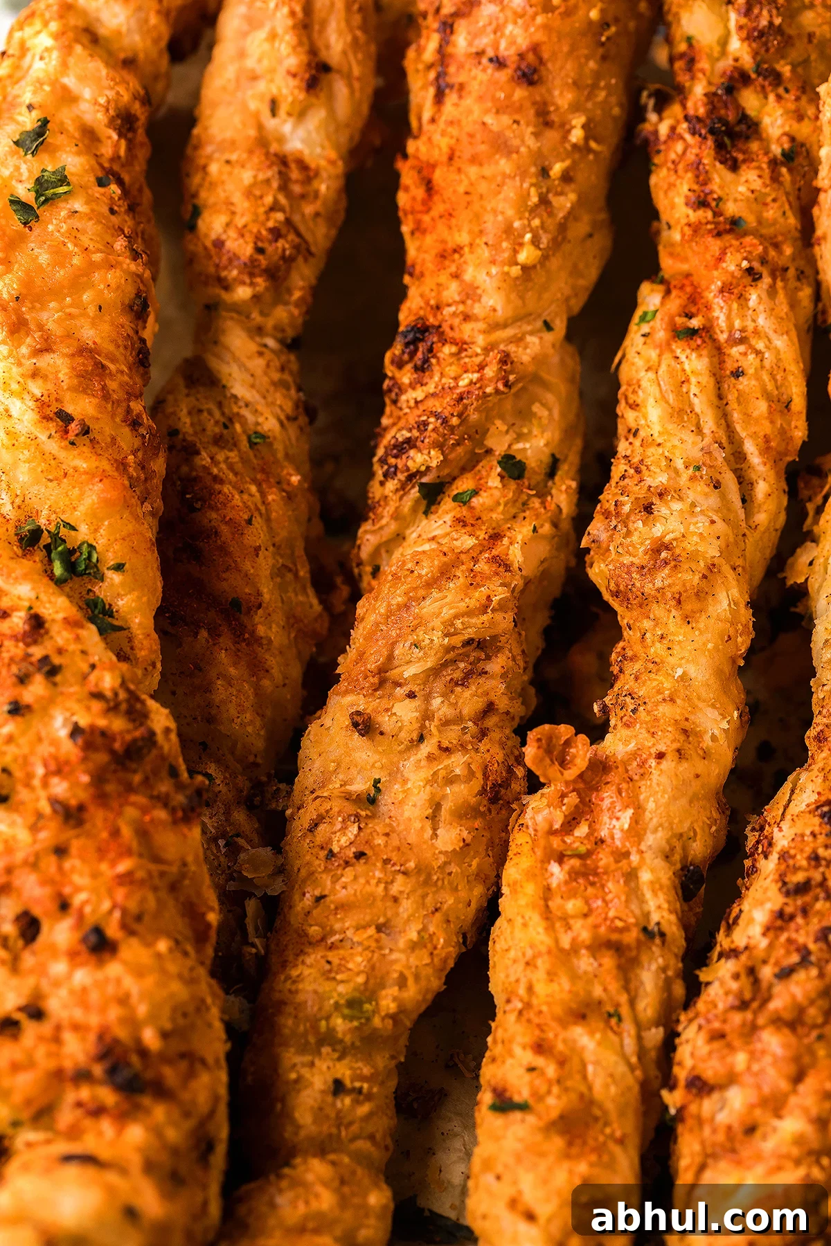 Close-up of golden-brown cheese twists from scratch, seasoned with herbs and spices.