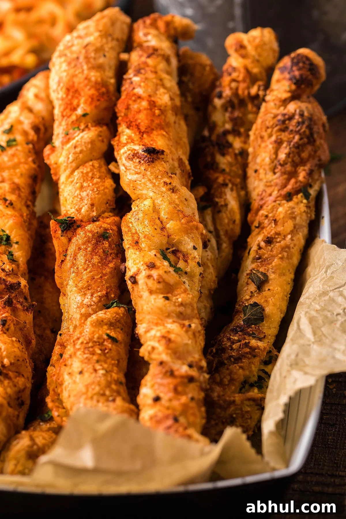 Close-up of a plate filled with Parmesan and mozzarella seasoned puff pastry twists resting on parchment paper.
