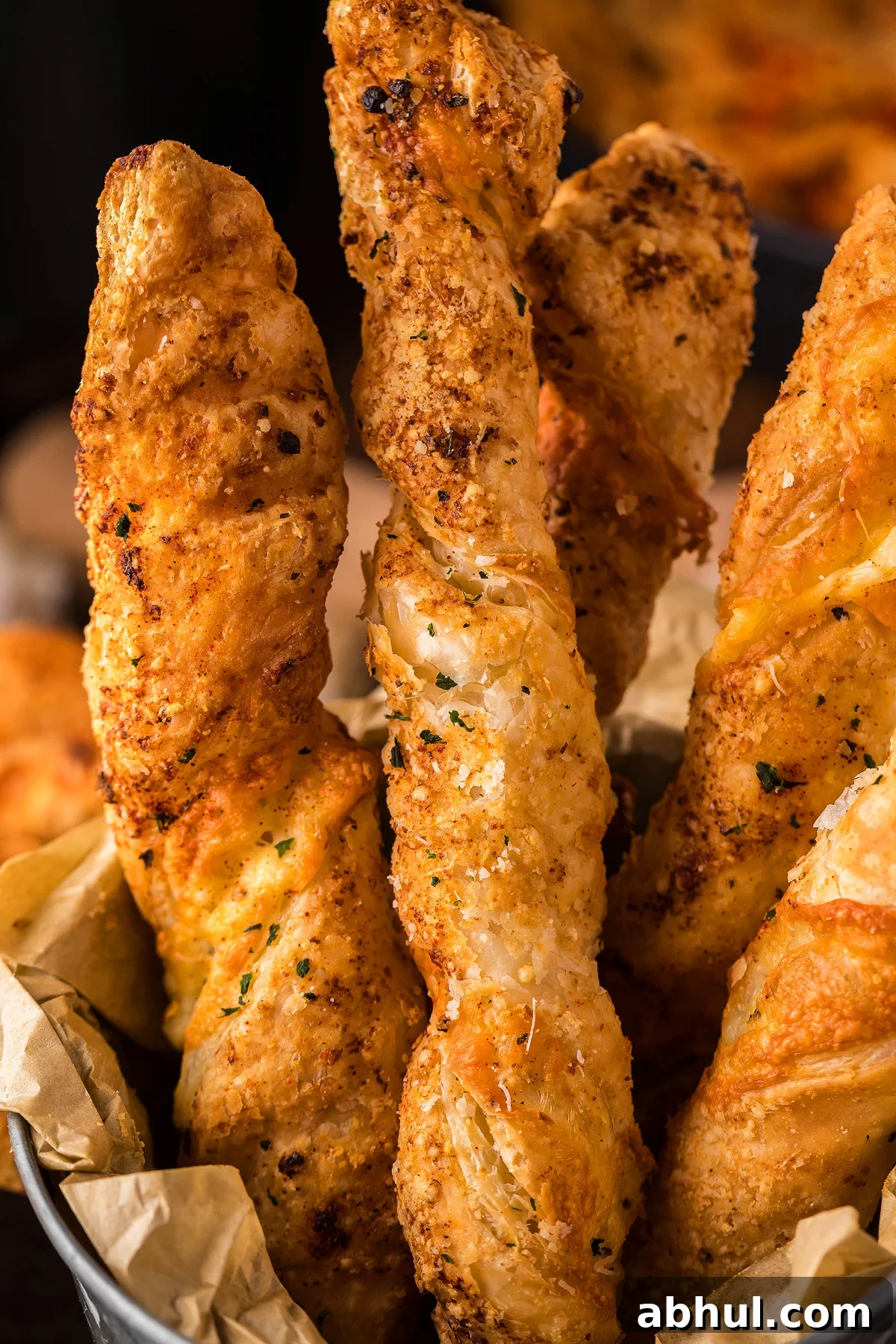 A bundle of twisted, golden-brown breadsticks with herbs and spices, crafted as cheese twists from scratch, stands upright in a paper-lined container.