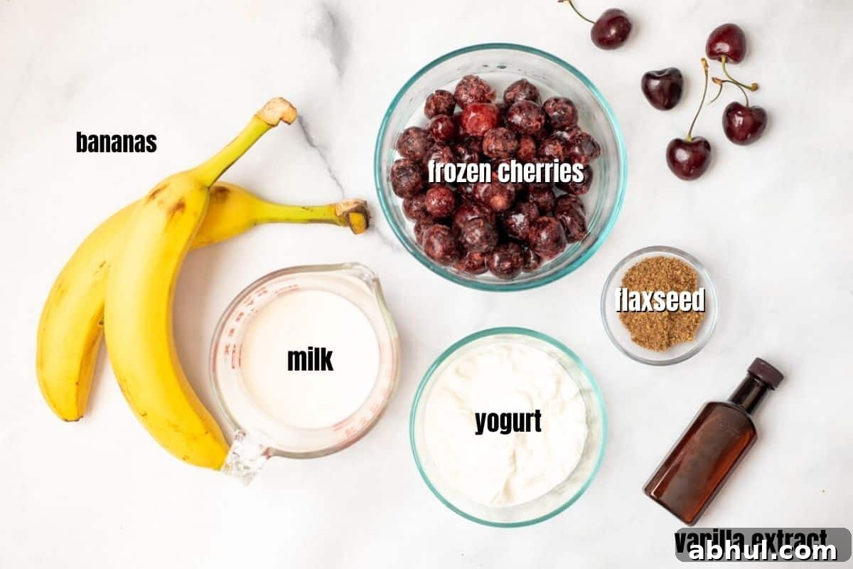 Ingredients for Cherry Smoothie labeled on counter.