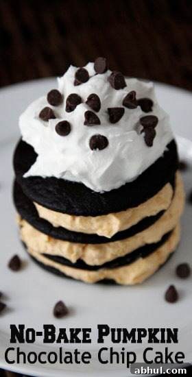 Easy No Bake Pumpkin Chocolate Chip Cake Recipe - fun fall dessert! SnappyGourmet.com
