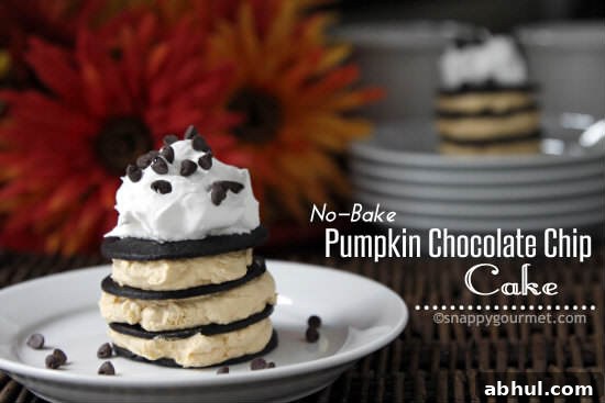 No-Bake Pumpkin Chocolate Chip Cake recipe | snappygourmet.com