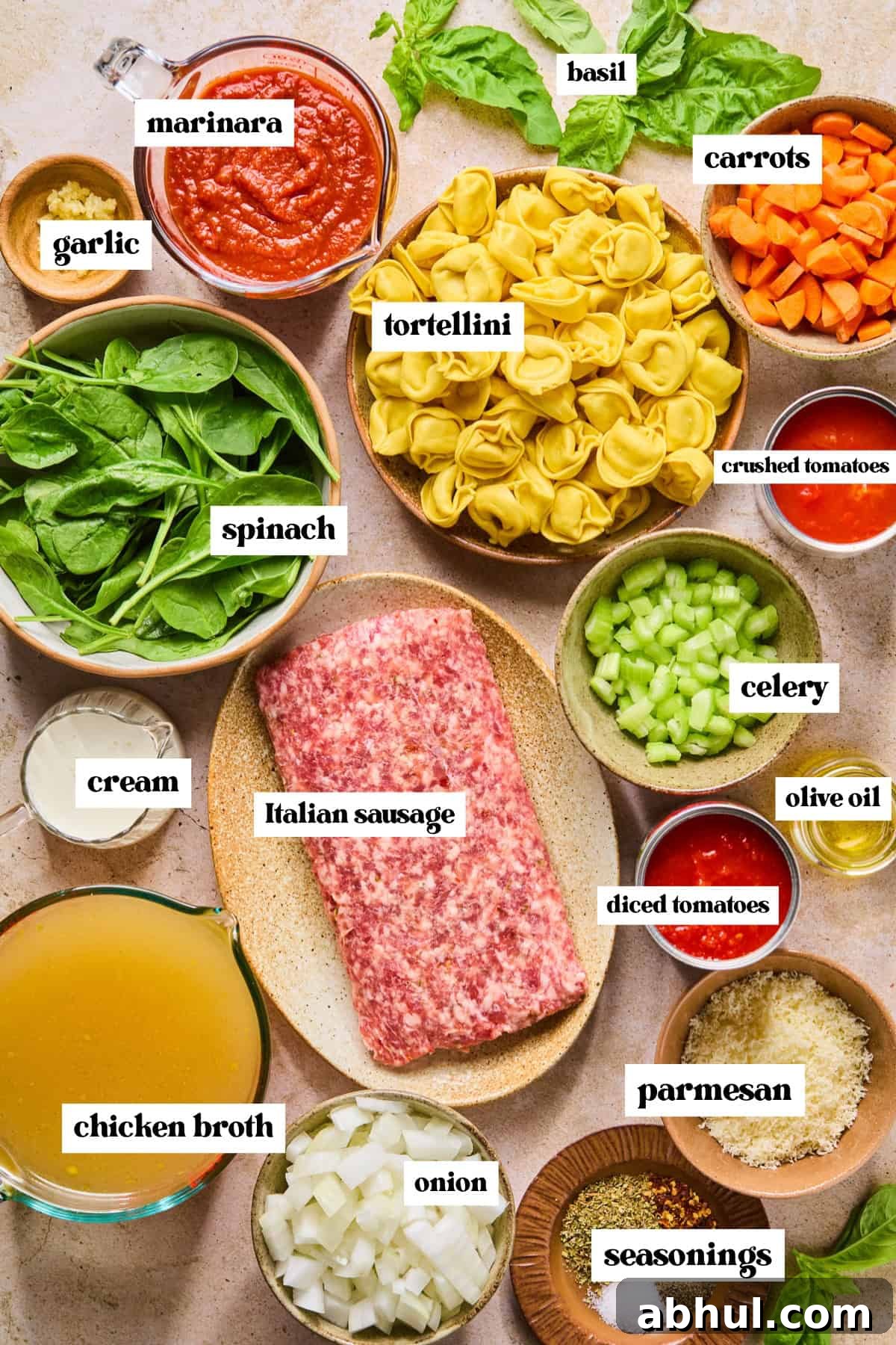 Chopped carrots and celery, spinach, cream, meat, tomatoes and other labeled ingredients.