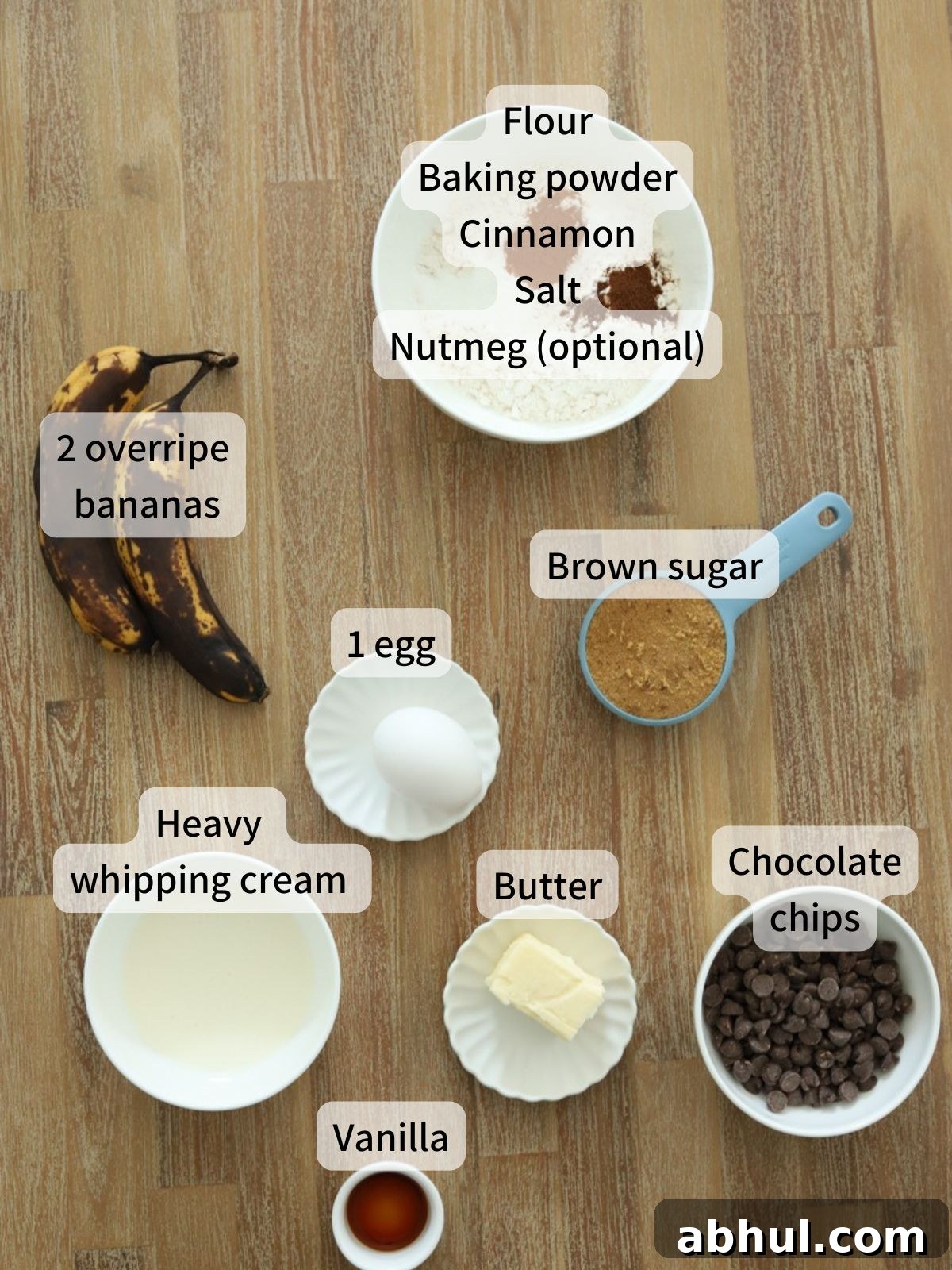 Labeled ingredients needed to make banana donuts laid out on a table.