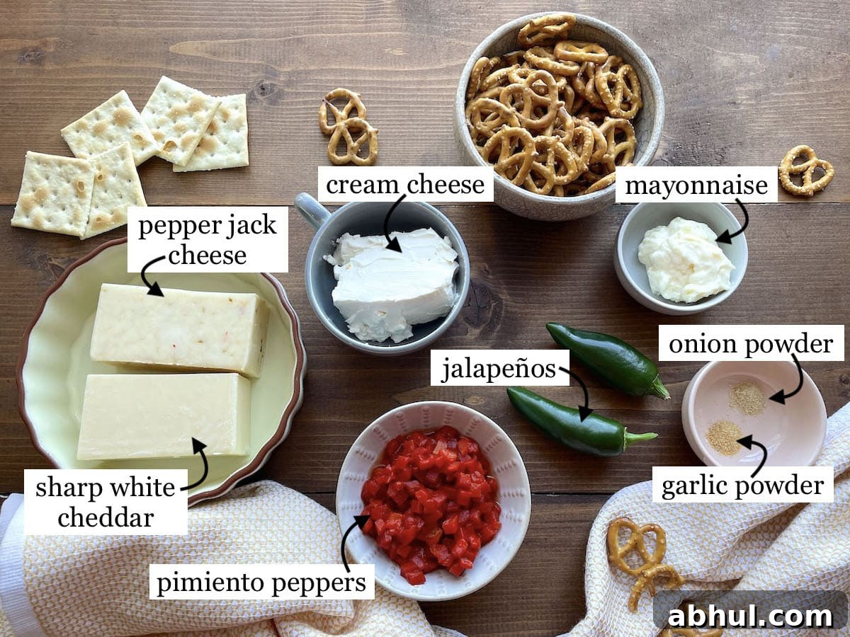 The ingredients in jalapeño pimento cheese, laid out and labeled.