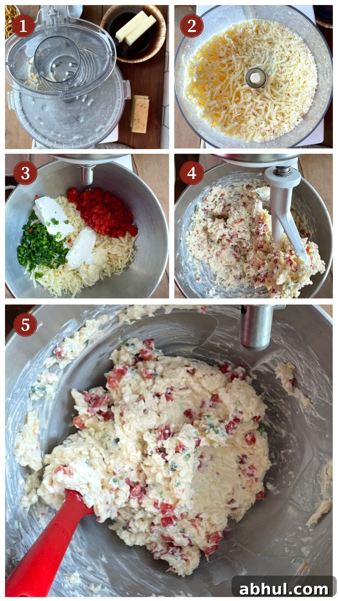 A collage of images showing how to make jalapeño pimento cheese, steps 1-5.