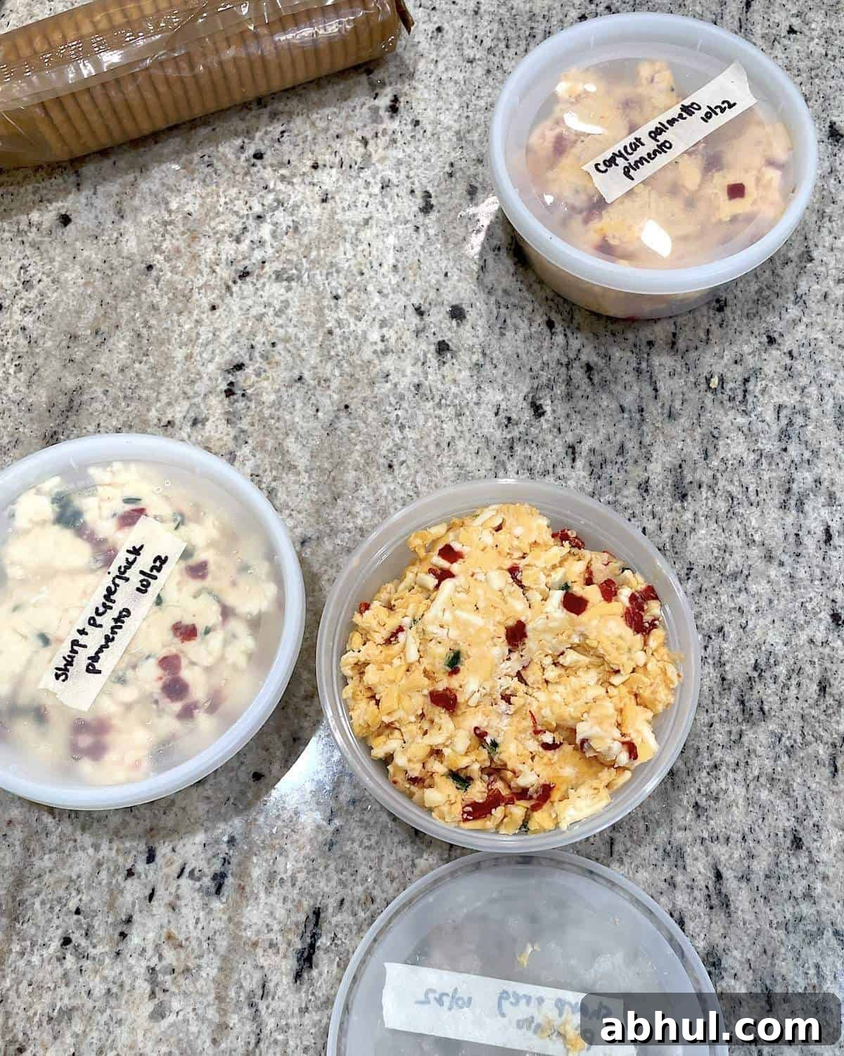 Three one cup containers of homemade pimento cheese.