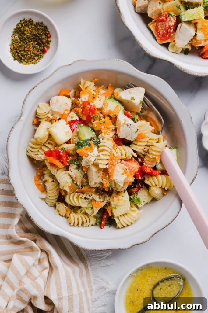 A bowl of high protein pasta salad.
