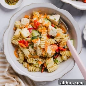 A bowl of high protein pasta salad.