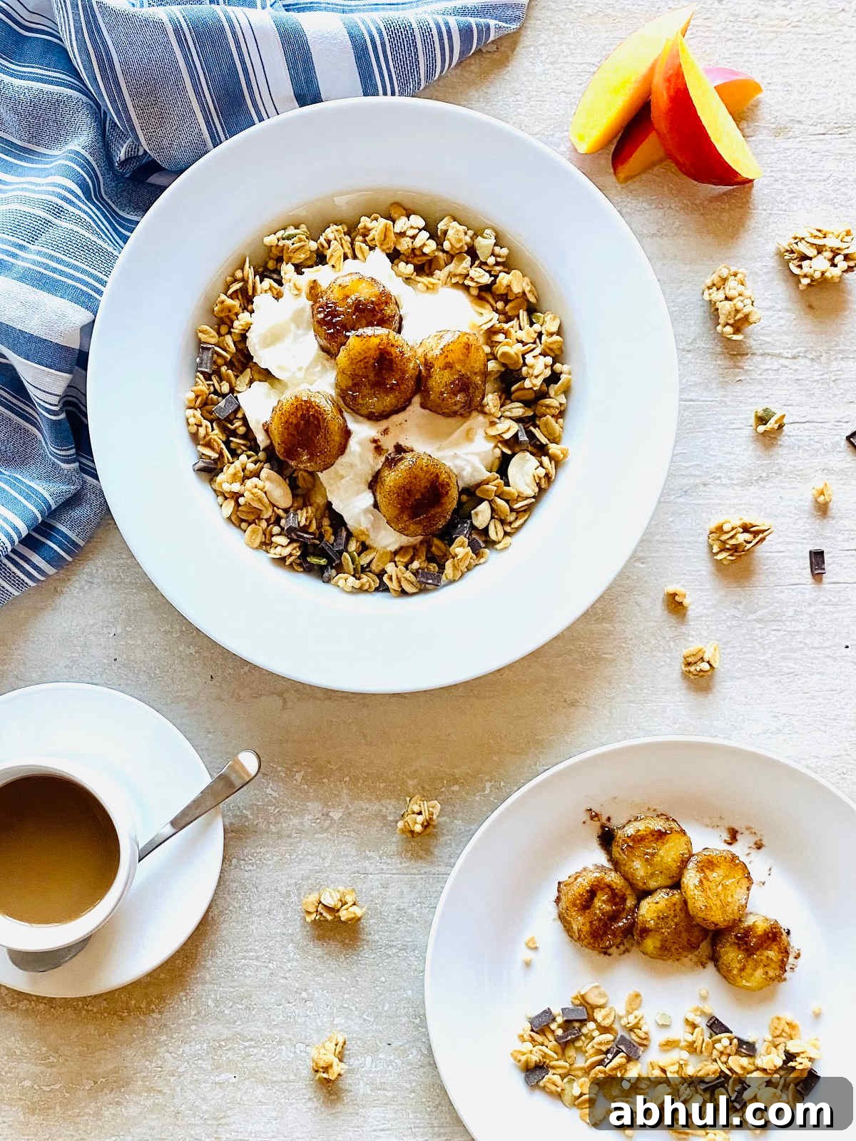 Crispy Caramelized Bananas in the Air Fryer 2 air fryer bananas in a bowl with yogurt and granola next tonectarines