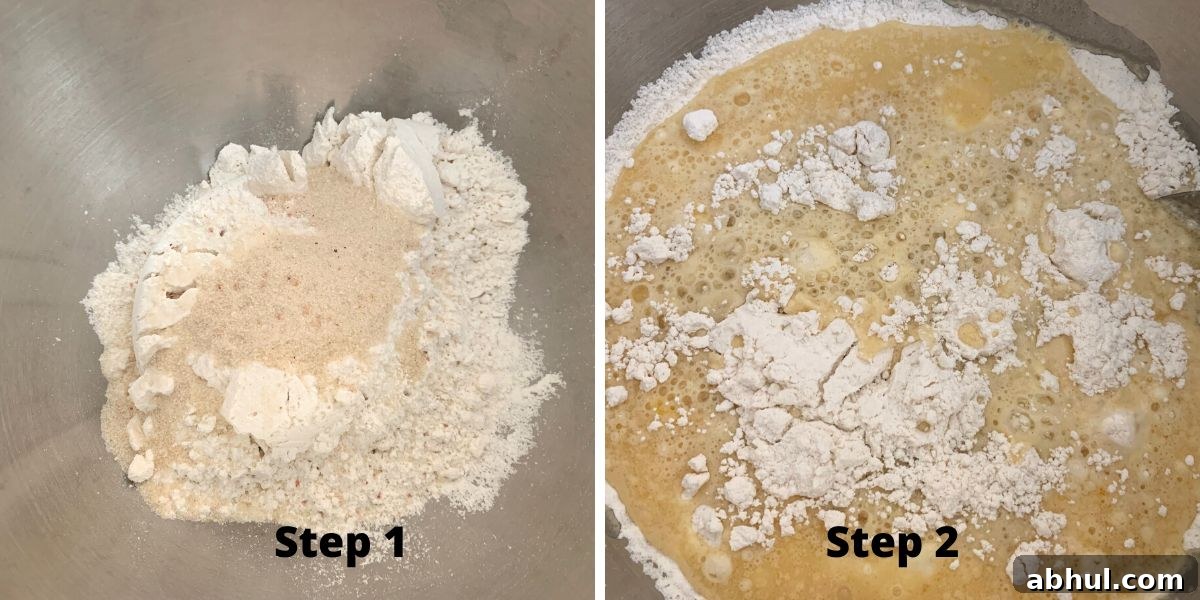 Photos of steps one and two mixing up the donut dough.