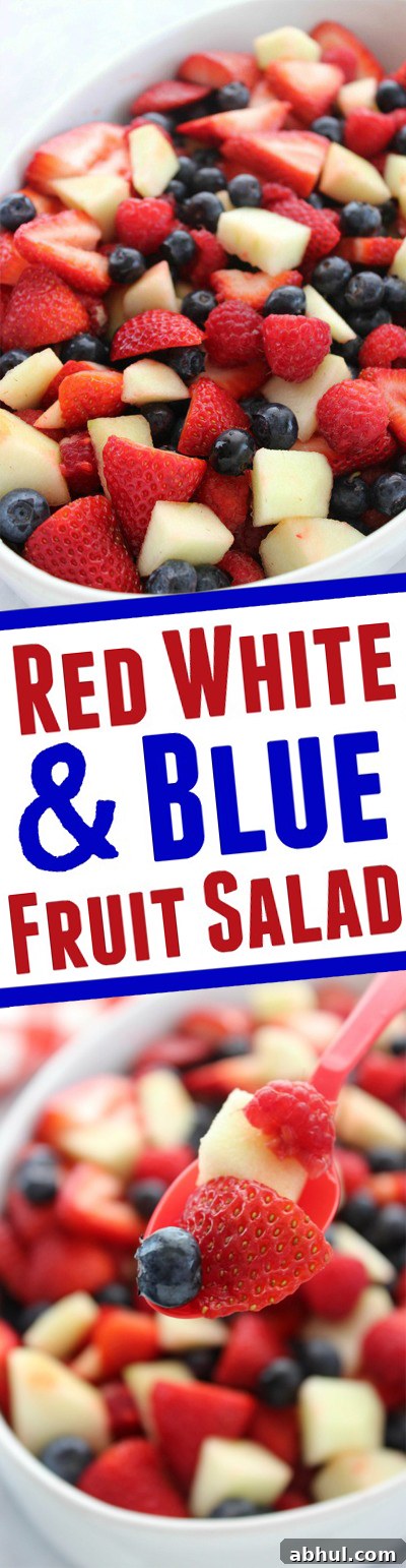 Patriotic Red, White & Blue Summer Fruit Salad Recipe 8 Red White and Blue Fruit Salad- Perfect for July 4th! Red strawberries, red raspberries, and white apples all mixed with a yummy lime dressing.
