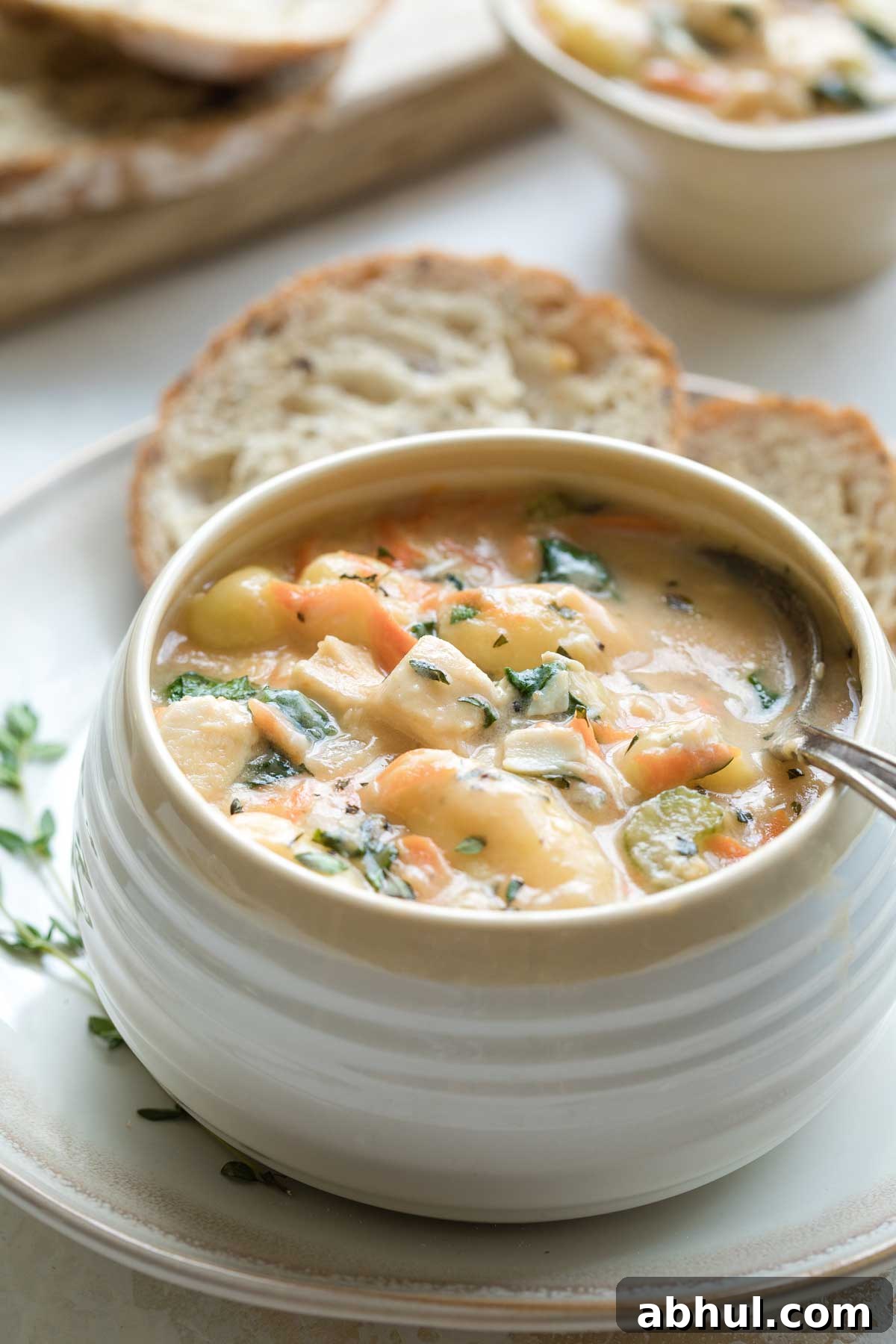 Side view of soup in white and cream ridged bowl on matching plate, surrounded by grainy bread slices and a second bowl of soup.