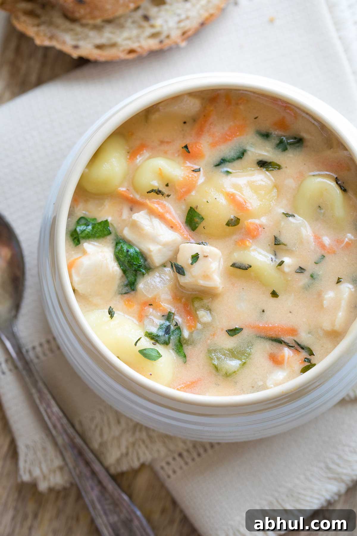 Flatlay closeup of bowl of soup with chicken and gnocchi visible in creamy base, spoon at left side and bread in background.