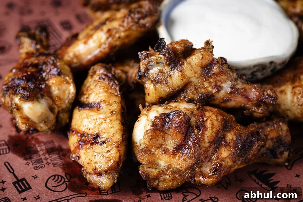 Smoked jerk chicken wings on peach butcher paper.