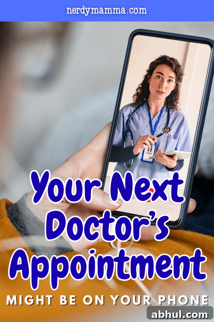 Hand holding a smartphone showing a video call with a doctor during a virtual medical appointment.