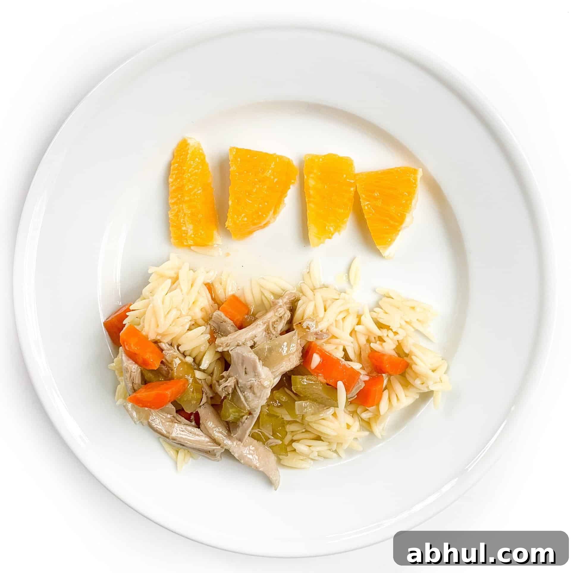 18 month old portion size chicken stew and a side of oranges on white plate